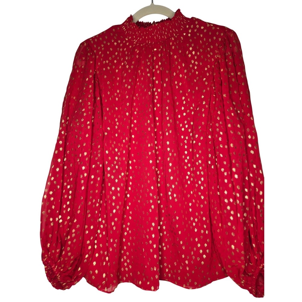 MSK Women Red Gold Metallic Foil Dot Smocked Mock Neck Balloon Sleeve Blouse 1Xโ